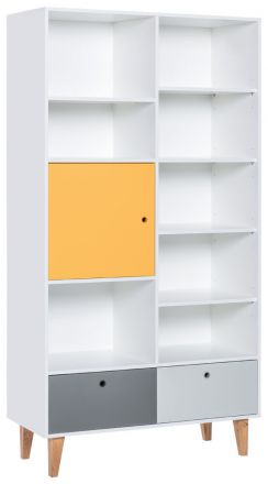 Jugendzimmer - Regal Syrina 15, Farbe: Weiß / Grau / Gelb - Abmessungen: 202 x 105 x 45 cm (H x B x T)
