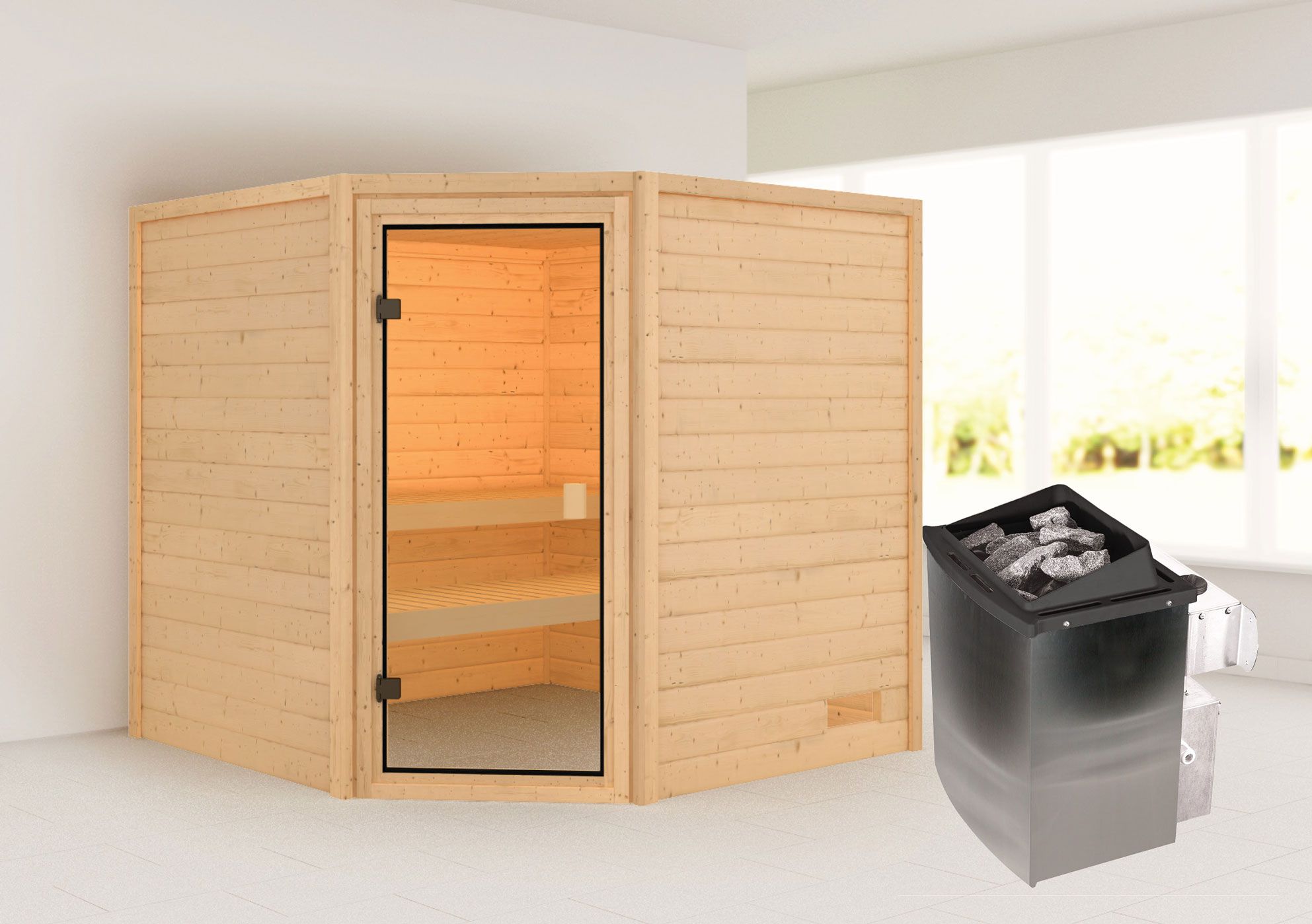 Sauna "Morten" SET mit bronzierter Tür - Farbe: Natur, Ofen 9 kW - 195 x 195 x 187 cm (B x T x H)