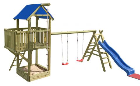 Spielturm K27 inkl. Balkon, Sandkasten, Wellenrutsche und Doppelschaukel FSC® - Abmessungen: 550 x 515 cm (L x B)