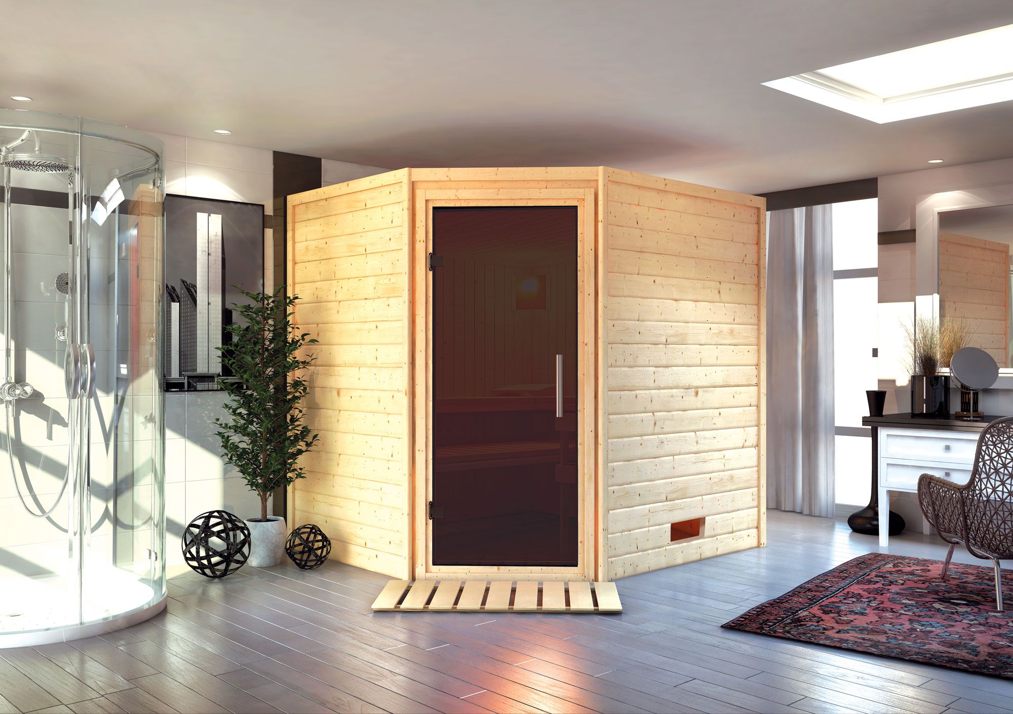 Sauna "Kirsa" mit graphitfarbener Tür - Farbe: Natur - 196 x 170 x 198 cm (B x T x H)