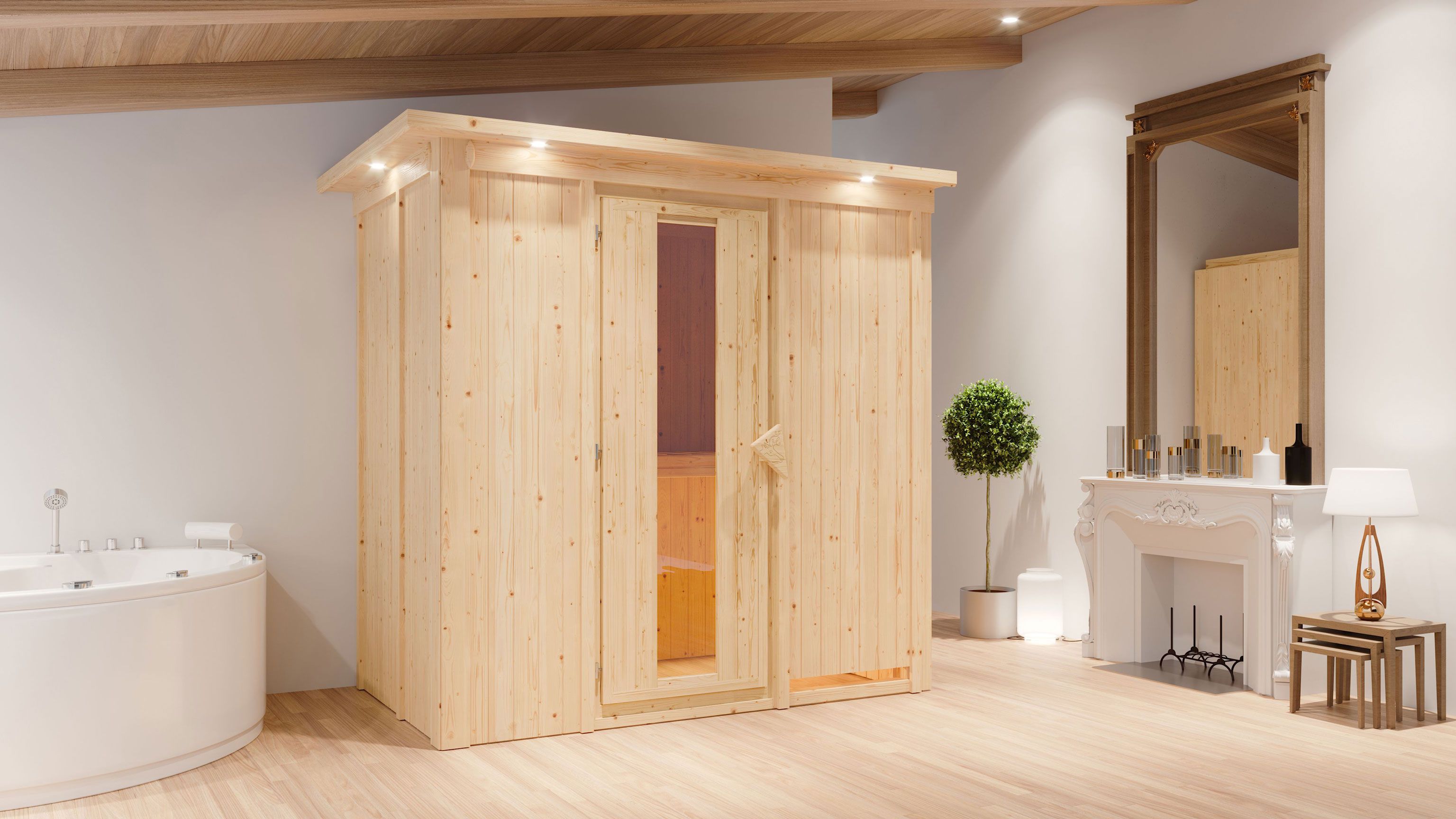 Sauna "Eeli" SET mit Energiespartür und Kranz - Farbe: Natur, Ofen BIO 9 kW - 210 x 132 x 202 cm (B x T x H)