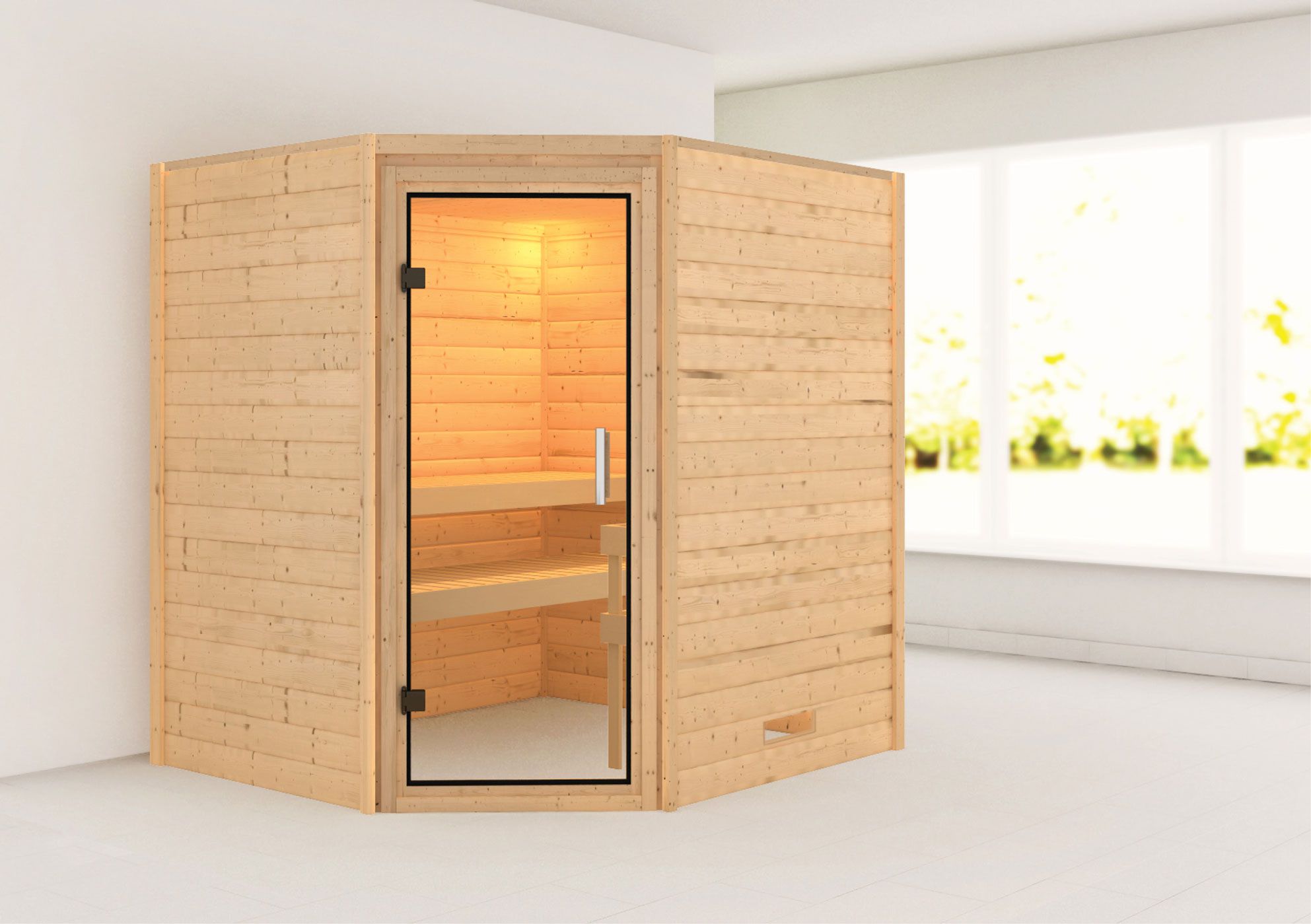 Sauna "Kirsa" mit Klarglastür - Farbe: Natur - 196 x 170 x 198 cm (B x T x H)