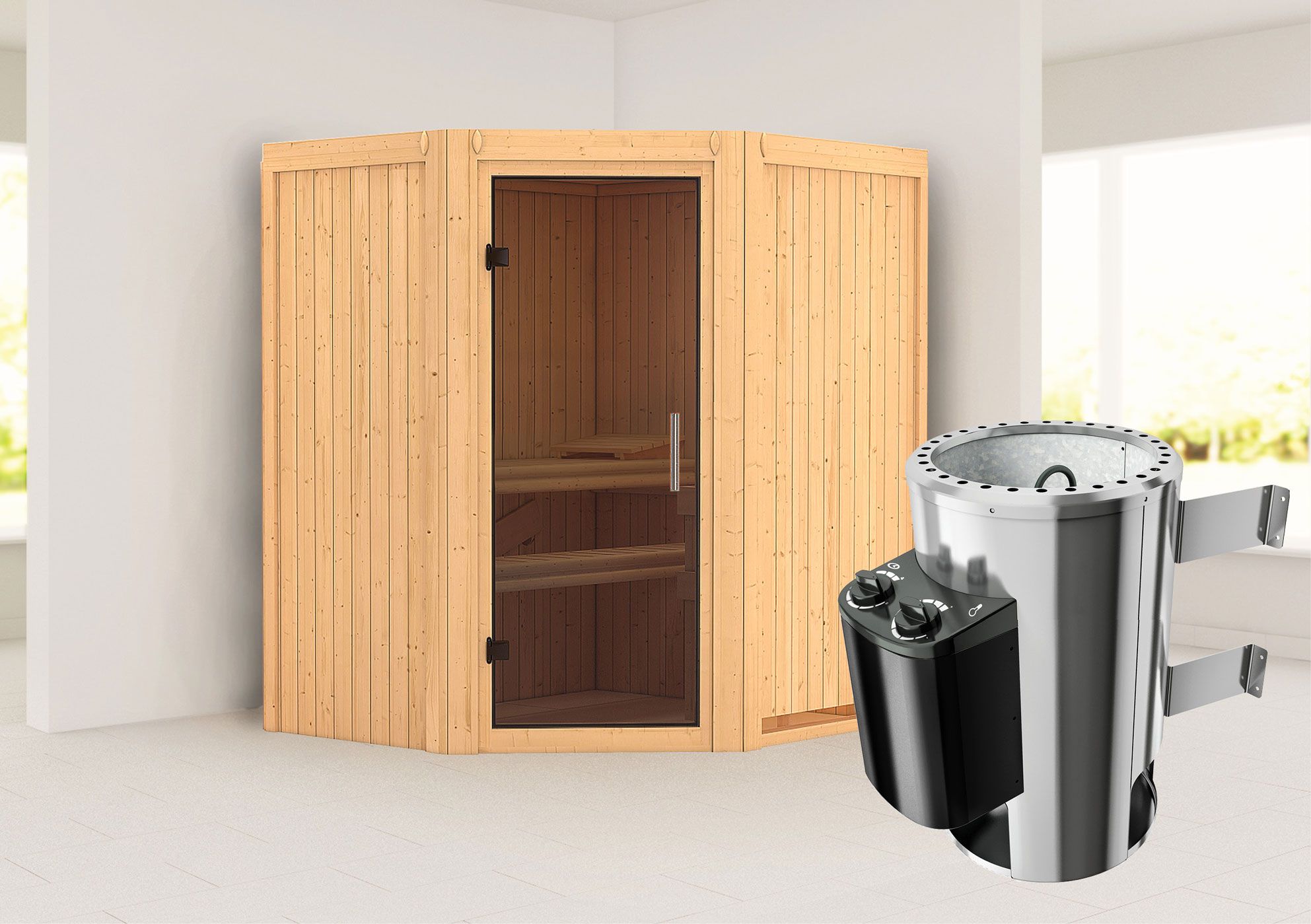 Sauna "Kjell" SET mit graphitfarbener Tür & Ofen 3,6 kW - 170 x 151 x 198 cm (B x T x H)