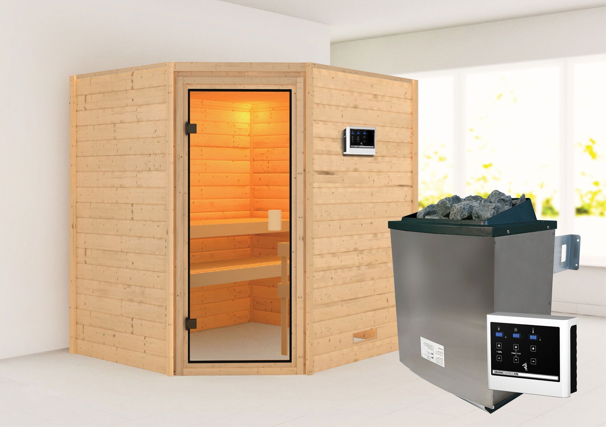 Sauna "Kirsa" SET AKTION mit bronzierter Tür & Ofen externe Steuerung easy 9 KW - 196 x 170 x 198 cm (B x T x H)