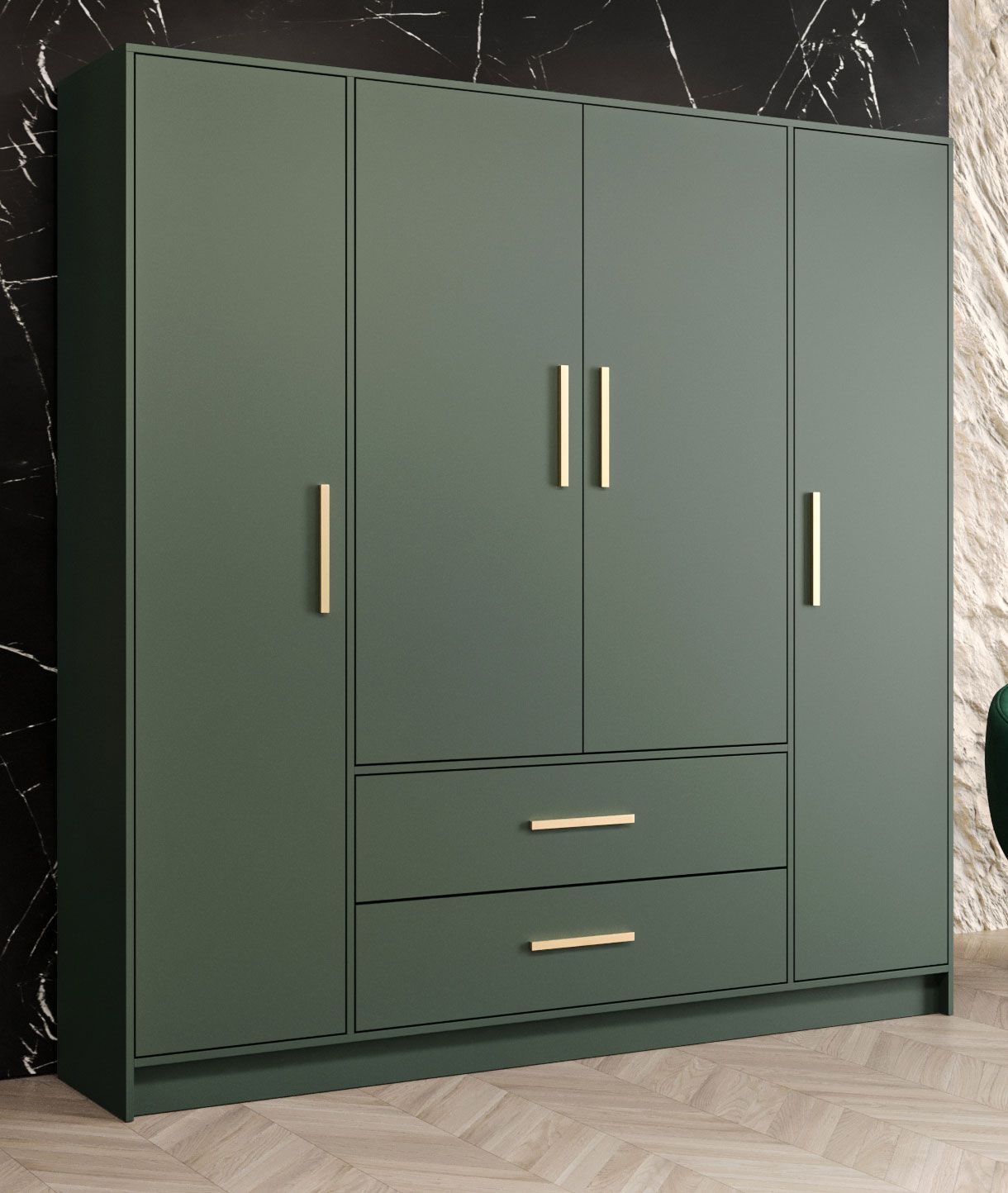 Kleiderschrank mit modernen Design und genügend Stauraum Similaun 18, Farbe: Grün - Abmessungen: 202 x 201 x 40 cm (H x B x T), mit 10 Fächern und zwei Schubladen