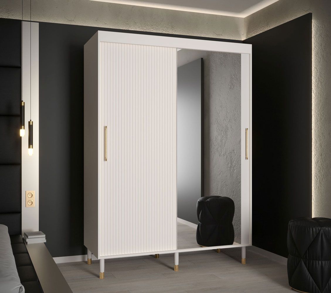 Schiebetürenschrank im eleganten Design Jotunheimen 113, Farbe: Weiß - Abmessungen: 208 x 150,5 x 62 cm (H x B x T)