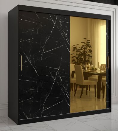 Kleiderschrank im modernen Stil Hochfeiler 68, Farbe: Schwarz / Schwarzer Marmor - Abmessungen: 200 x 200 x 62 cm (H x B x T), mit 10 Fächern und einen Spiegel