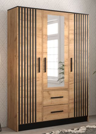 Eleganter Kleiderschrank mit 10 Fächern Marmolada 40, Farbe: Eiche / Schwarz - Abmessungen: 202 x 153 x 40 cm (H x B x T), mit einen Spiegel