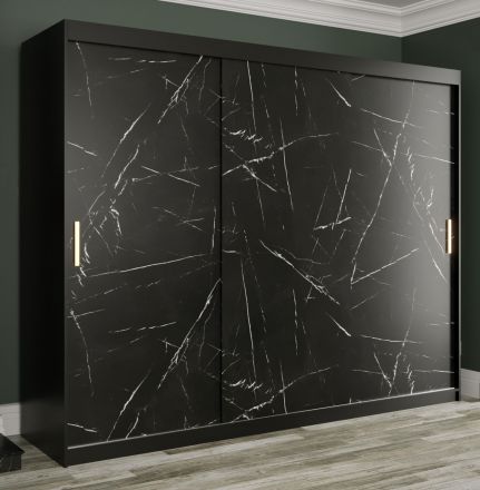 Außergewöhnlicher Kleiderschrank mit Spiegel Ätna 49, Farbe: Schwarz matt / Schwarzer Marmor - Abmessungen: 200 x 100 x 62 cm (H x B x T), mit fünf Fächern