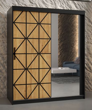 Kleiderschrank mit einer Spiegeltür Zumsteinspitze 15, Farbe: Schwarz matt - Abmessungen: 200 x 150 x 62 cm (H x B x T), mit fünf Fächern und zwei Kleiderstangen