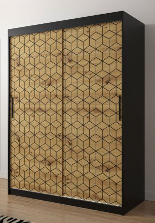 Edler Kleiderschrank mit Musterfront Dom 53, Farbe: Schwarz matt / Eiche Artisan - Abmessungen: 200 x 150 x 62 cm (H x B x T), mit fünf Fächern und zwei Kleiderstangen