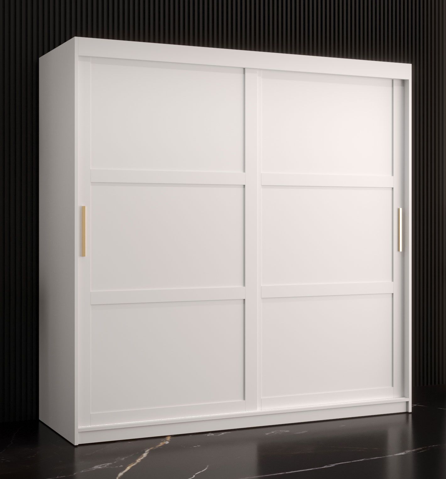 Eleganter Kleiderschrank Liskamm 13, Farbe: Weiß matt - Abmessungen: 200 x 180 x 62 cm (H x B x T), mit 10 Fächern und zwei Kleiderstangen