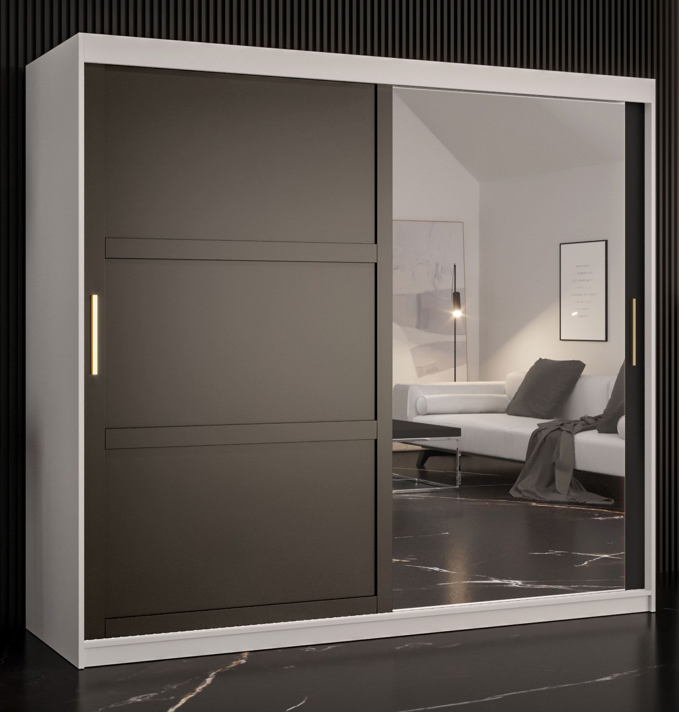 Stylischer Kleiderschrank mit einer Spiegeltür Liskamm 42, Farbe: Weiß matt / Schwarz matt - Abmessungen: 200 x 200 x 62 cm (H x B x T), mit 10 Fächern und zwei Kleiderstangen