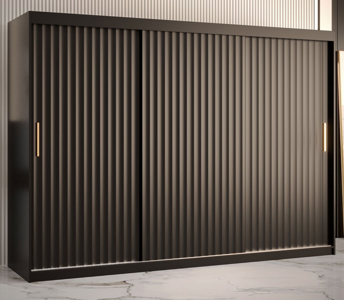 Dreitüriger Kleiderschrank mit schlichten Design Balmenhorn 72, Farbe: Schwarz matt - Abmessungen: 200 x 250 x 62 cm (H x B x T), mit 10 Fächern und zwei Kleiderstangen