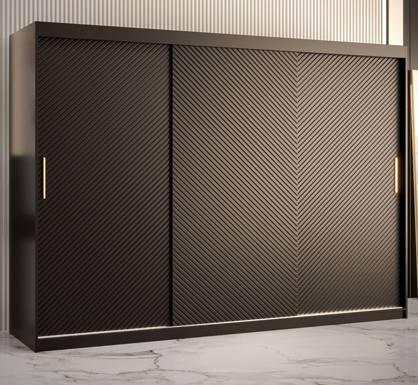 Moderner Kleiderschrank mit drei Türen Balmenhorn 24, Farbe: Schwarz matt - Abmessungen: 200 x 250 x 62 cm (H x B x T), mit 10 Fächern und zwei Kleiderstangen