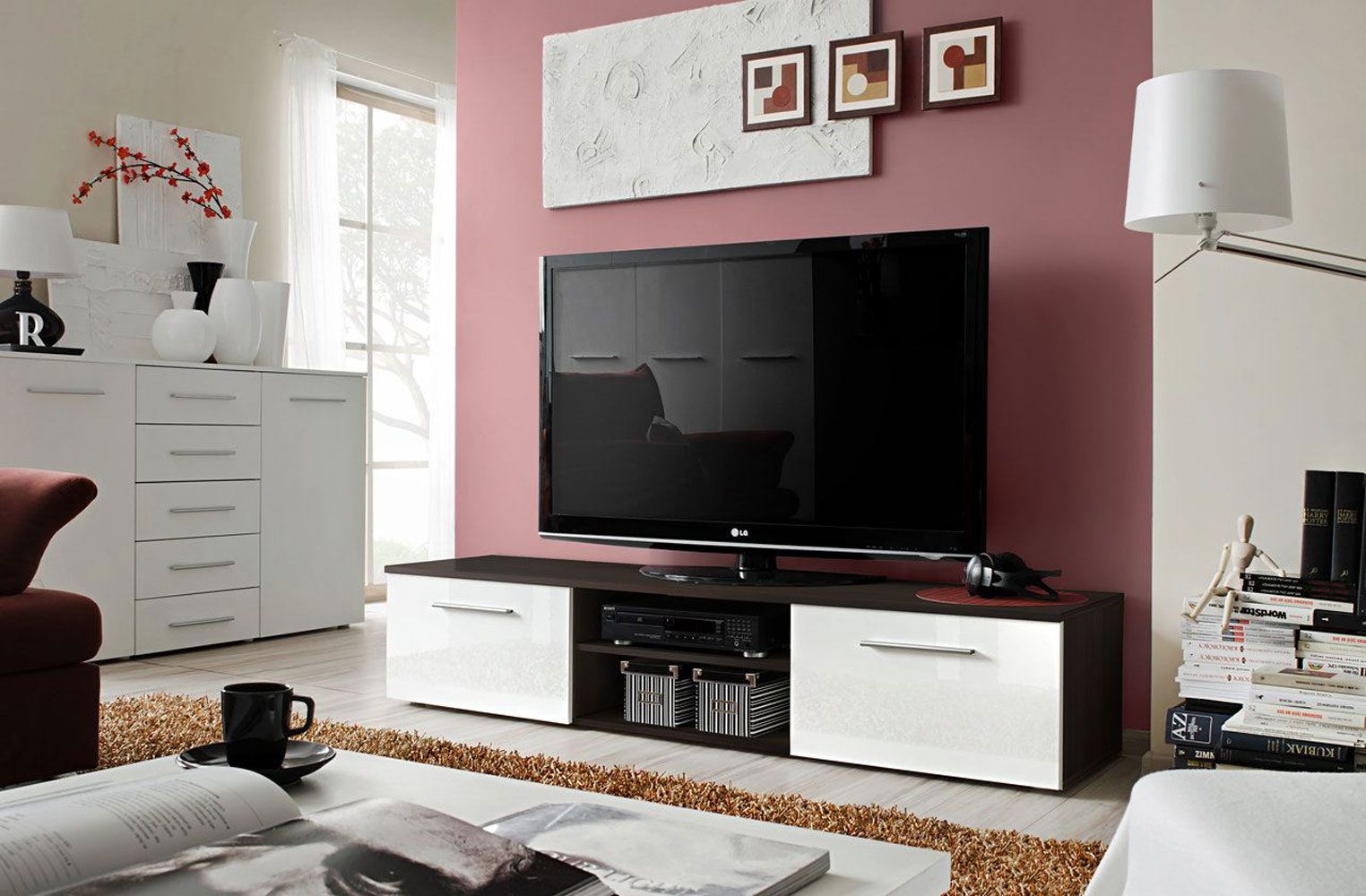 TV-Unterschrank Salmeli 26, Farbe: Weiß / Schwarz - Abmessungen: 35 x 180 x 45 cm (H x B x T), mit vier Fächern