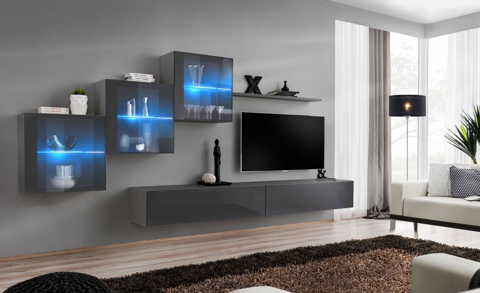 Moderne Wohnwand Balestrand 307, Farbe: Grau - Abmessungen: 150 x 330 x 40 cm (H x B x T), mit LED-Beleuchtung