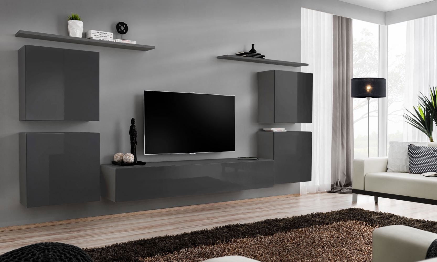Wohnwand im schlichten Design Balestrand 51, Farbe: Grau - Abmessungen: 150 x 320 x 40 cm (H x B x T), mit genügend Stauraum