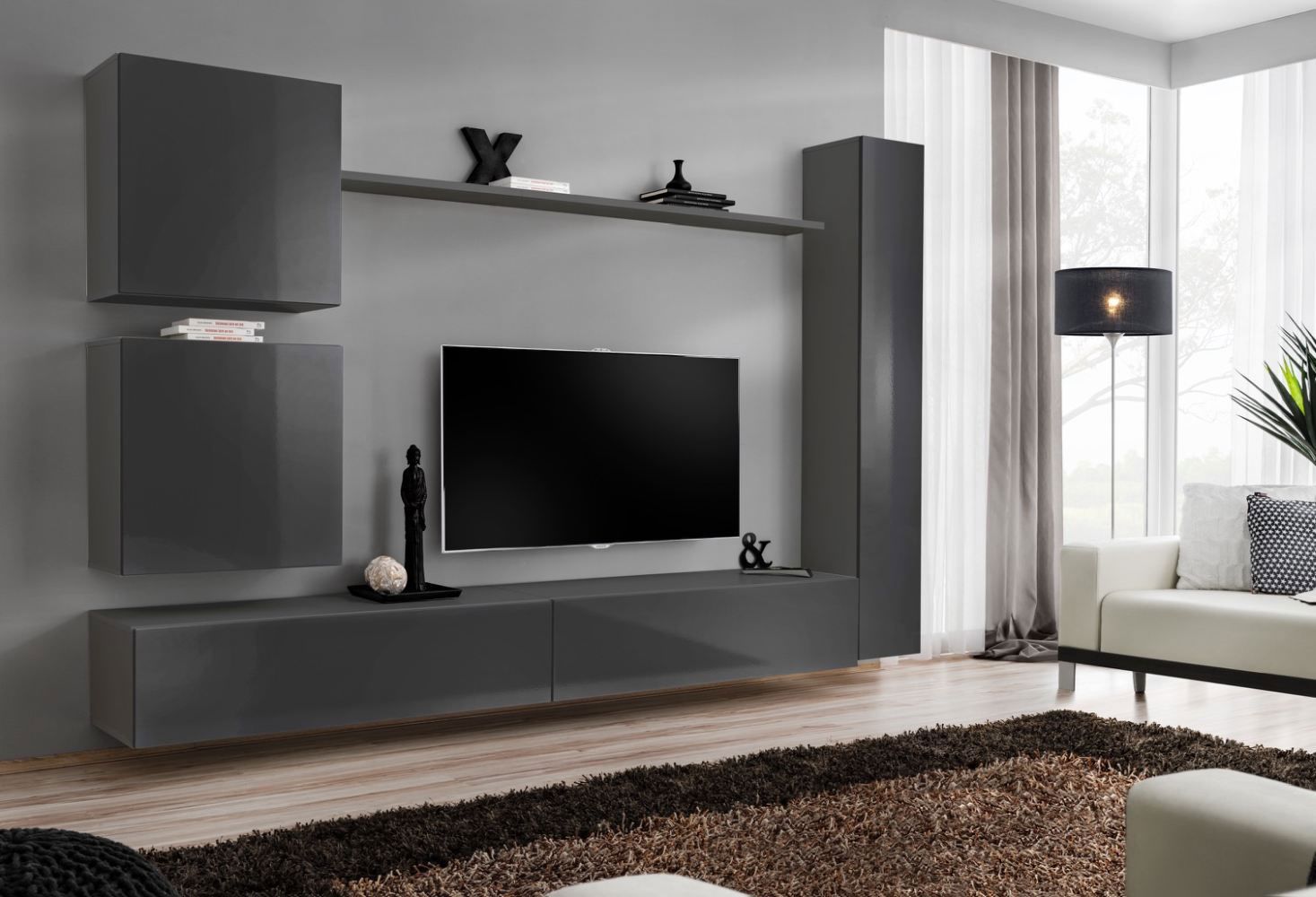 Schlichte Wohnwand Balestrand 115, Farbe: Grau - Abmessungen: 180 x 280 x 40 cm (H x B x T), mit fünf Türen