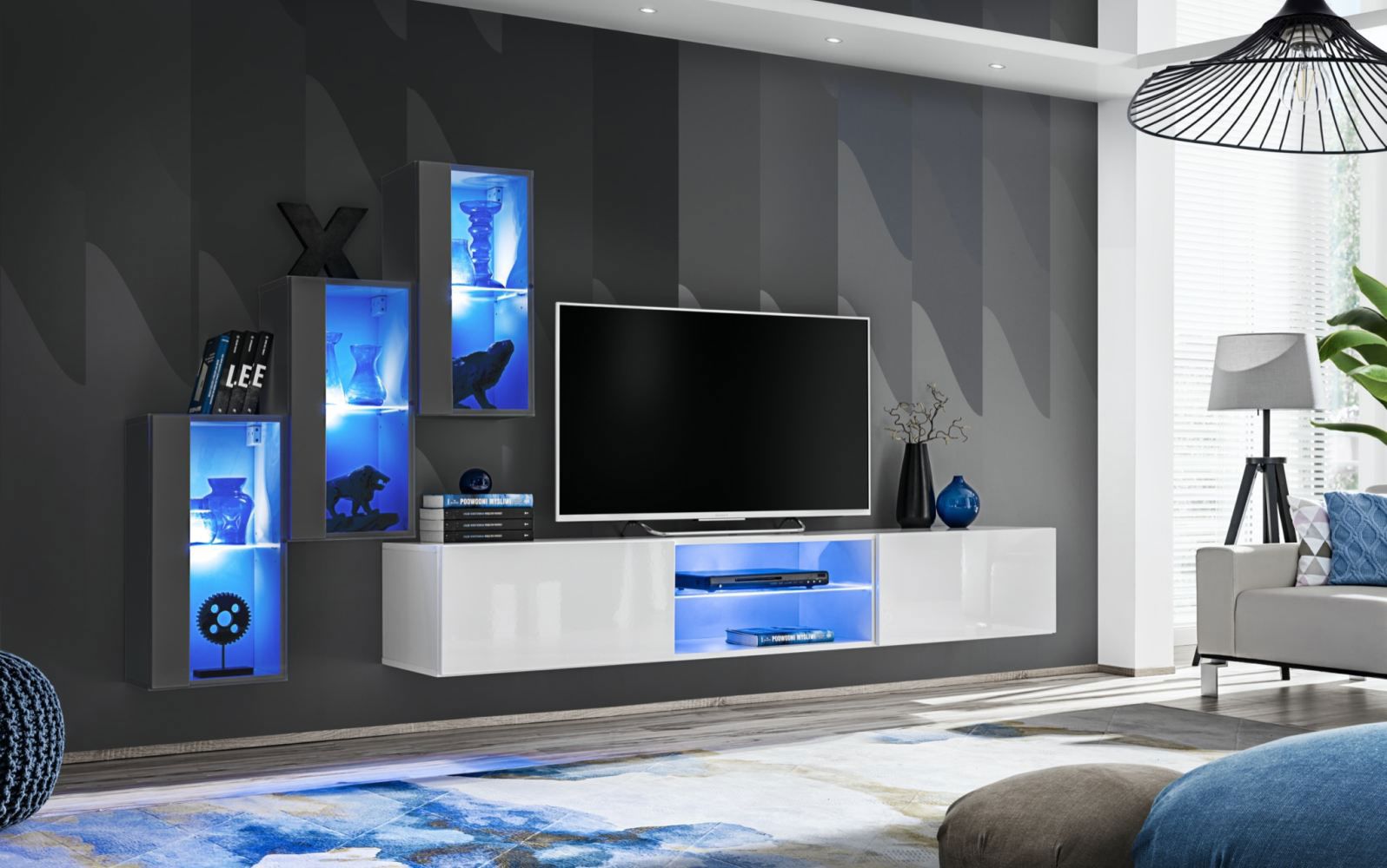 Außergewöhnliche Wohnwand mit blauer LED-Beleuchtung Volleberg 24, Farbe: Grau / Weiß - Abmessungen: 120 x 210 x 40 cm (H x B x T), mit fünf Türen
