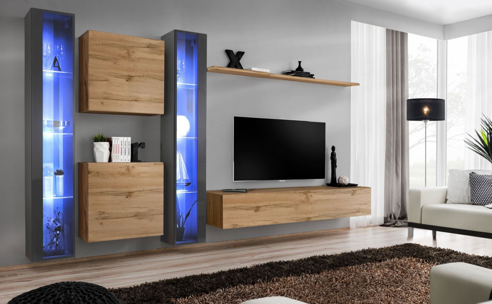 Wohnwand mit zwei Hängeschränke Balestrand 256, Farbe: Grau / Eiche Wotan - Abmessungen: 180 x 330 x 40 cm (H x B x T), mit LED-Beleuchtung