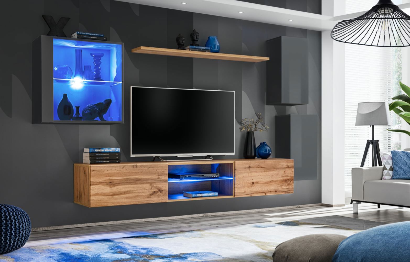 Moderne Wohnwand hängend Volleberg 48, Farbe: Grau / Eiche Wotan - Abmessungen: 140 x 250 x 40 cm (H x B x T), mit blauer LED-Beleuchtung