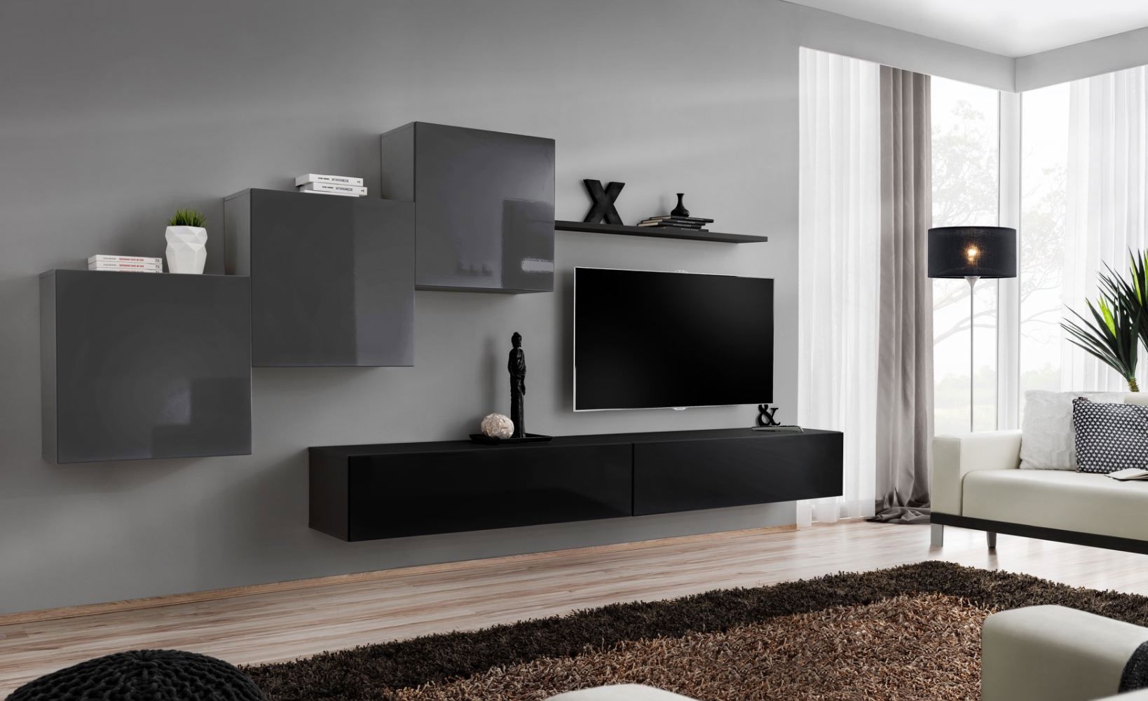 Wohnwand im modernen Design Balestrand 153, Farbe: Grau / Schwarz - Abmessungen: 150 x 330 x 40 cm (H x B x T), mit fünf Türen