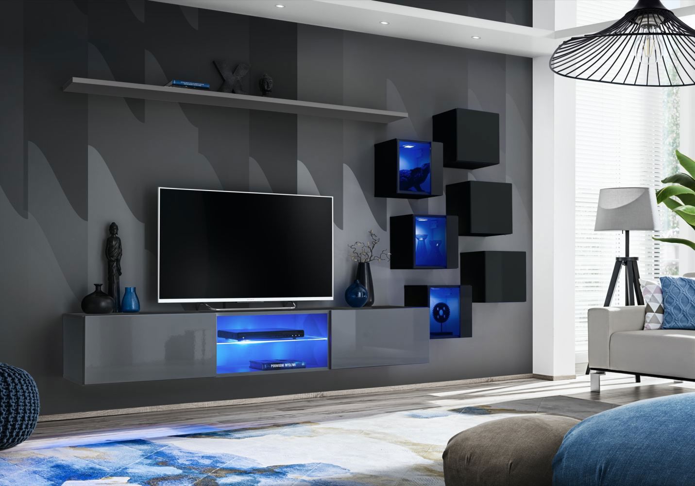 Wohnwand im stylischen Design Volleberg 09, Farbe: Grau / Schwarz - Abmessungen: 140 x 260 x 40 cm (H x B x T), mit blauer LED-Beleuchtung