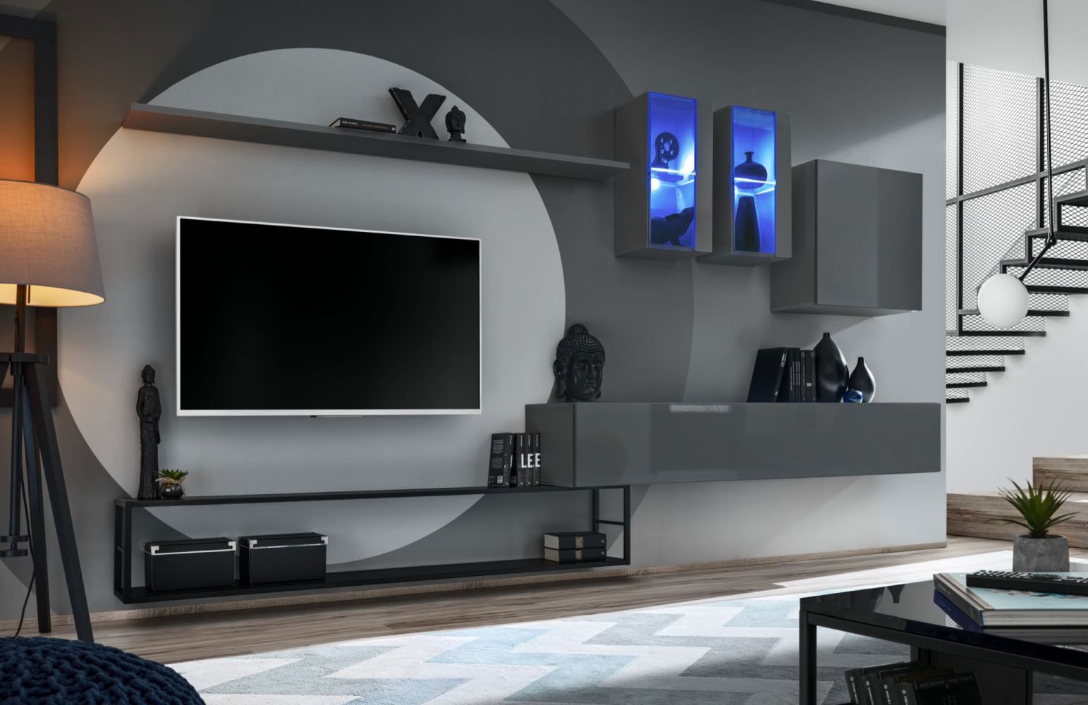 Moderne Wohnwand Valand 03, Farbe: Grau - Abmessungen: 180 x 330 x 40 cm (H x B x T), mit genügend Stauraum