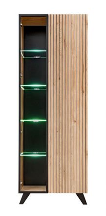 Moderner Vitrinenschrank Nordkapp 03, Farbe: Hickory Jackson / Schwarz - Abmessungen: 192 x 70 x 40 cm (H x B x T), mit 10 Fächern und eine LED-Beleuchtung