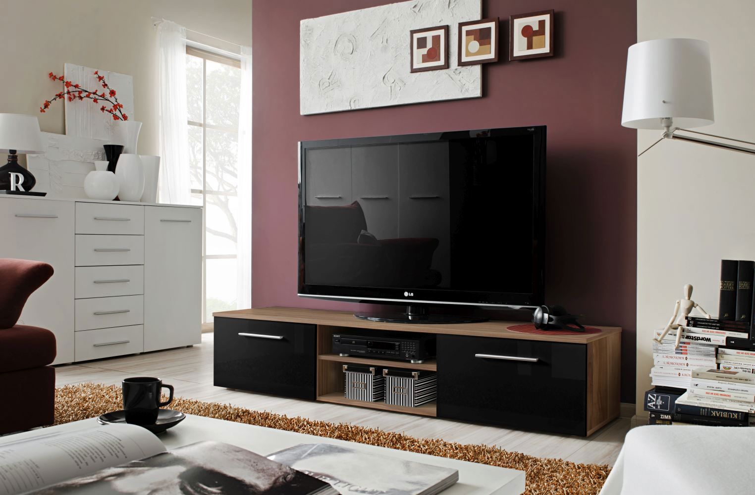 Moderner TV-Unterschrank Salmeli 25, Farbe: Schwarz / Braun - Abmessungen: 35 x 180 x 45 cm (H x B x T), mit zwei Türen