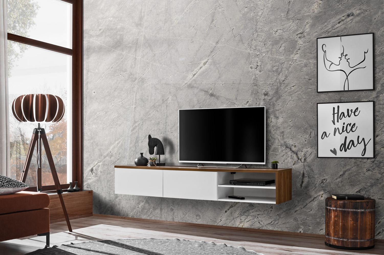 Moderner TV-Unterschrank Bjordal 15, Farbe: Weiß matt / Eiche Sterling - Abmessungen: 30 x 180 x 40 cm (H x B x T), mit vier Fächern