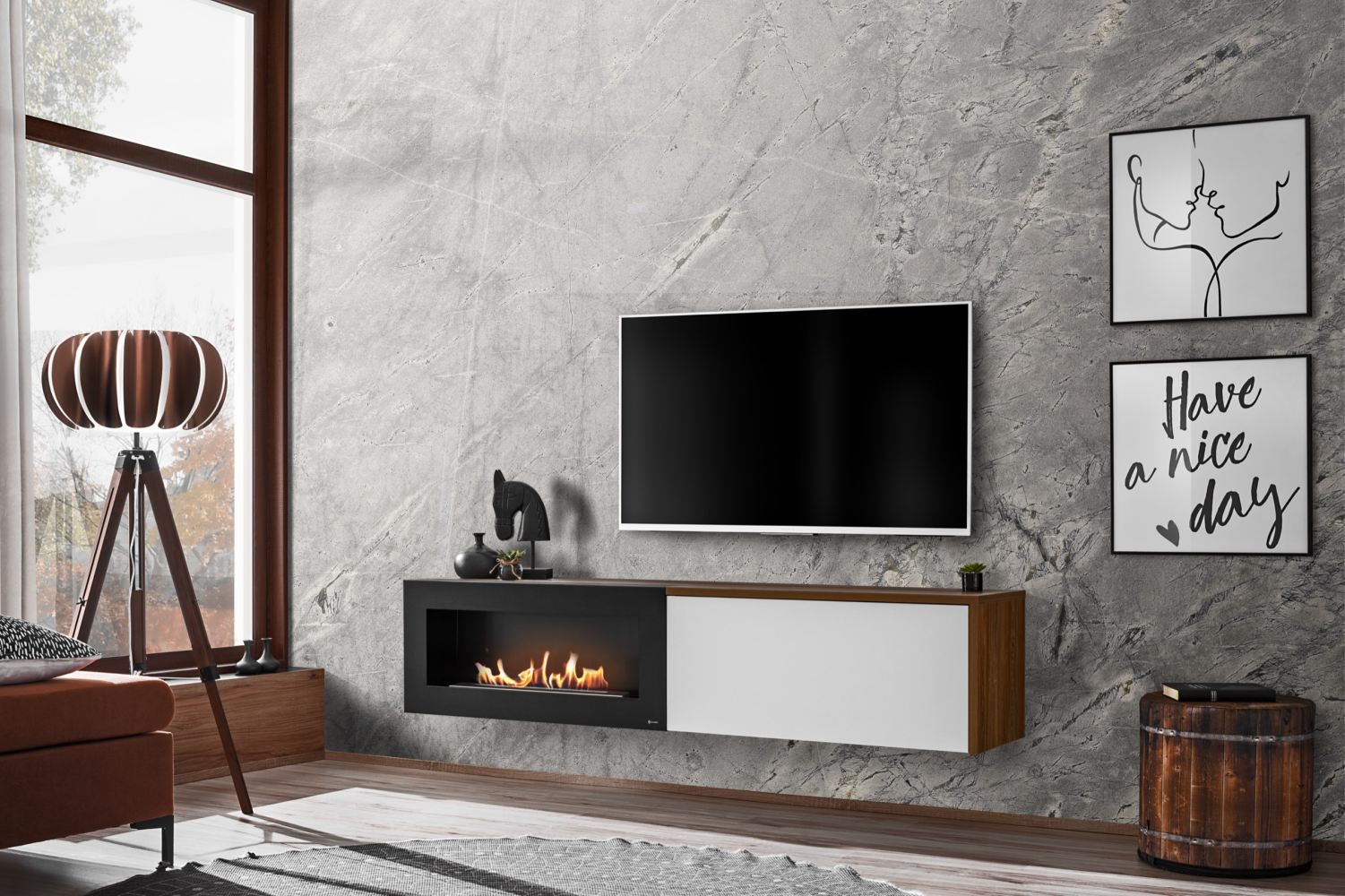 Eleganter TV-Unterschrank Bjordal 17, Farbe: Weiß matt / Eiche Sterling - Abmessungen: 40 x 180 x 40 cm (H x B x T), mit Bio-Ethanol Kamin