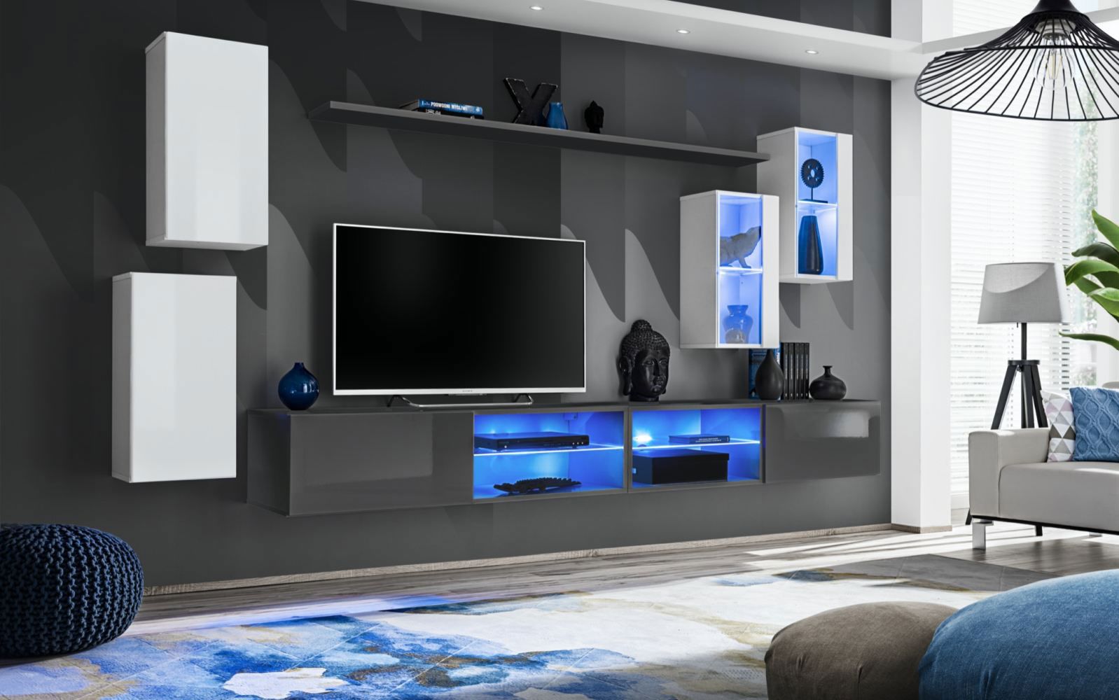 Außergewöhnliche Wohnwand Volleberg 71, Farbe: Weiß / Grau - Abmessungen: 150 x 280 x 40 cm (H x B x T), mit zwei TV-Unterschränke