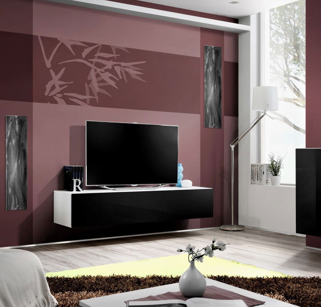 TV-Schrank / Lowboard TV Raudberg 01, Farbe: Schwarz / Weiß - Abmessungen: 30 x 160 x 40 cm (H x B x T), mit Push-to-open Funktion