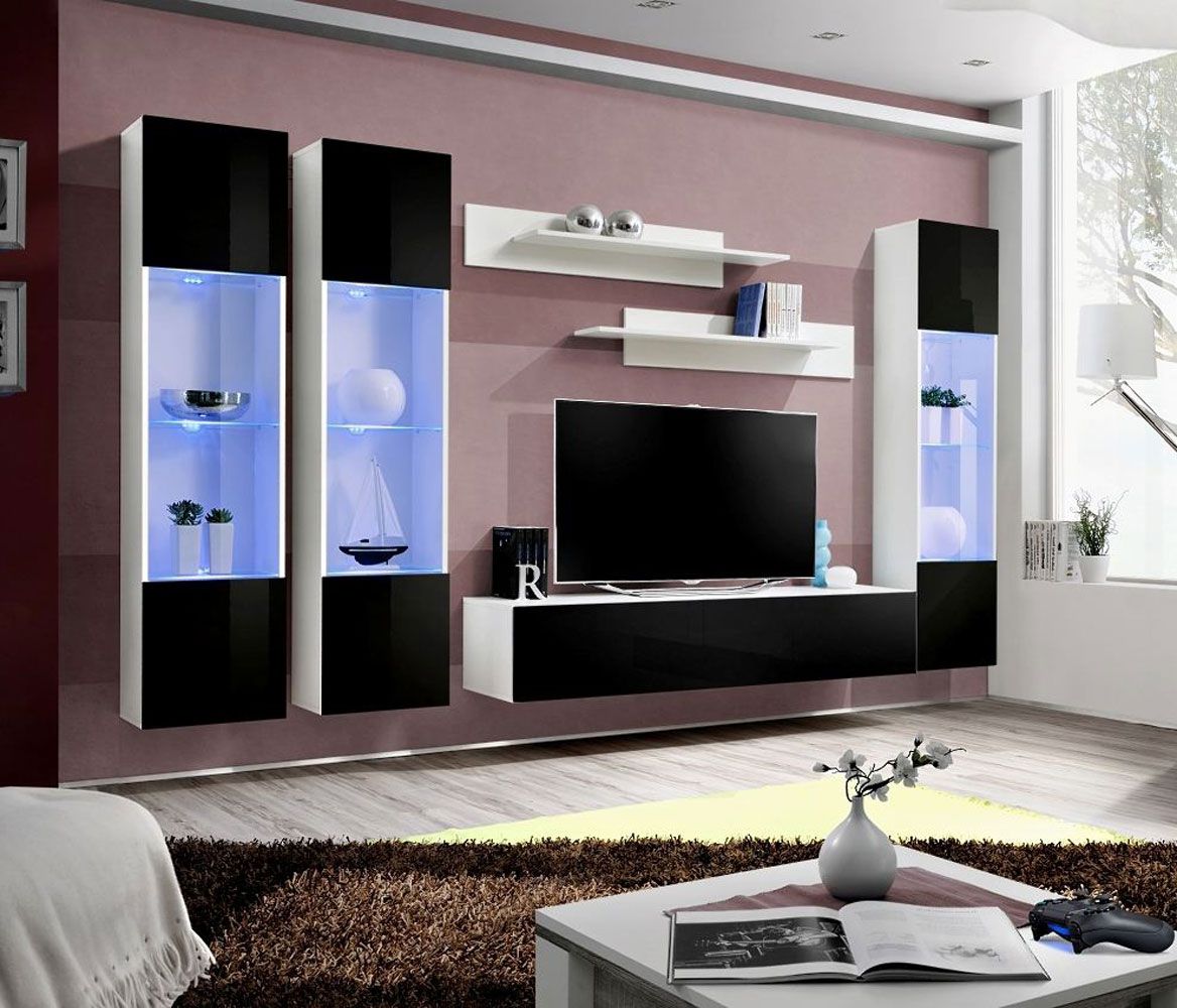 Moderne Wohnzimmerwand mit Push-to-open Funktion Hompland 29, Farbe: Weiß / Schwarz - Abmessungen: 170 x 260 x 40 cm (H x B x T), mit LED-Beleuchtung