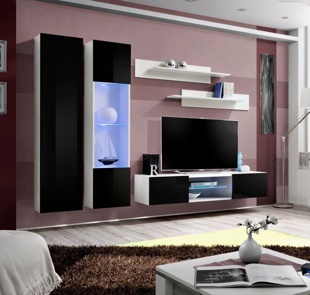 Wohnzimmer Wohnwand Hompland 150, Farbe: Schwarz / Weiß - Abmessungen: 170 x 260 x 40 cm (H x B x T), mit Push-to-open Funktion