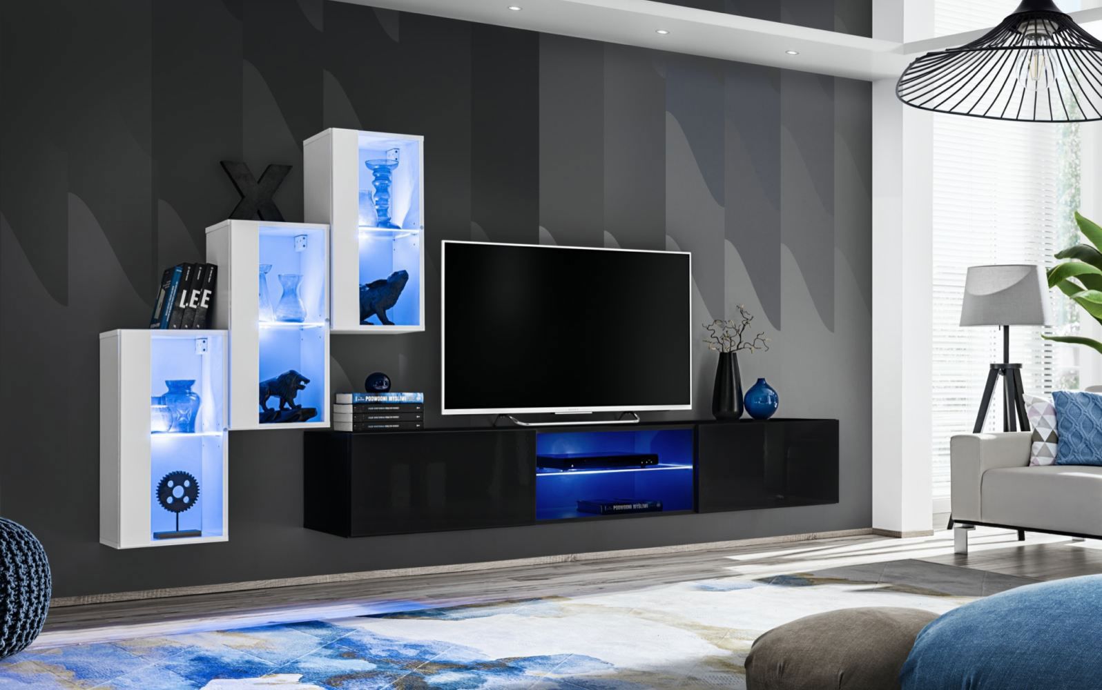 Elegante Wohnwand mit Push-to-open Funktion Volleberg 21, Farbe: Weiß / Schwarz - Abmessungen: 120 x 210 x 40 cm (H x B x T), mit fünf Türen