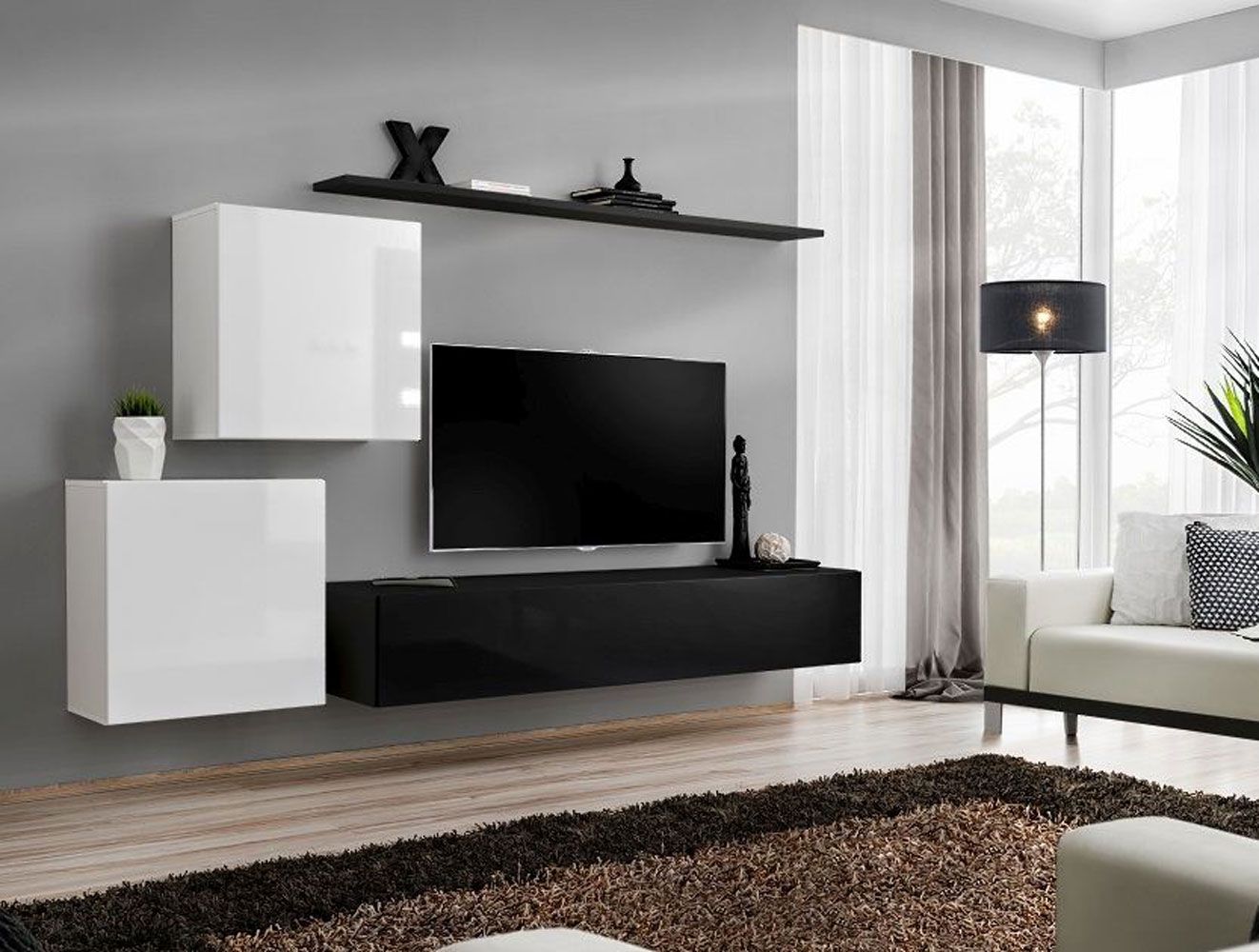 Wohnwand im stylischen Design Balestrand 69, Farbe: Weiß / Schwarz - Abmessungen: 150 x 250 x 40 cm (H x B x T), mit Push-to-open Funktion