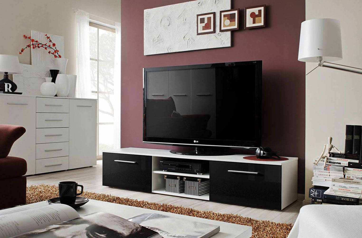 TV-Möbel Salmeli 23, Farbe: Weiß / Schwarz - Abmessungen: 35 x 180 x 45 cm (H x B x T), mit vier Fächern