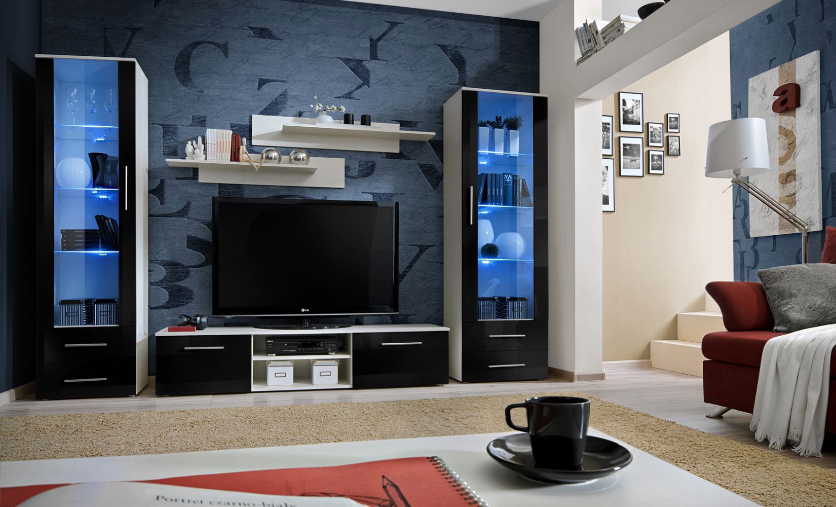 Wohnzimmerwand Elgane 08, Farbe: Schwarz / Weiß - Abmessungen: 190 x 320 x 45 cm (H x B x T), mit 12 Fächer