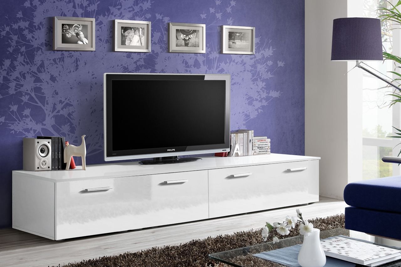 TV-Unterschrank mit modernen Design Bjordal 61, Farbe: Weiß Hochglanz - Abmessungen: 35 x 200 x 45 cm (H x B x T), mit zwei Türen