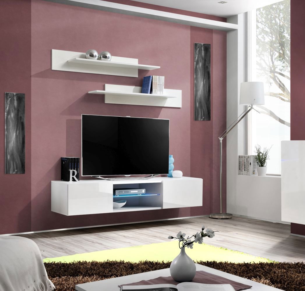 Hängendes TV-Möbel Raudberg 06, Farbe: Weiß - Abmessungen: 30 x 160 x 40 cm (H x B x T), inkl. blauer LED-Beleuchtung