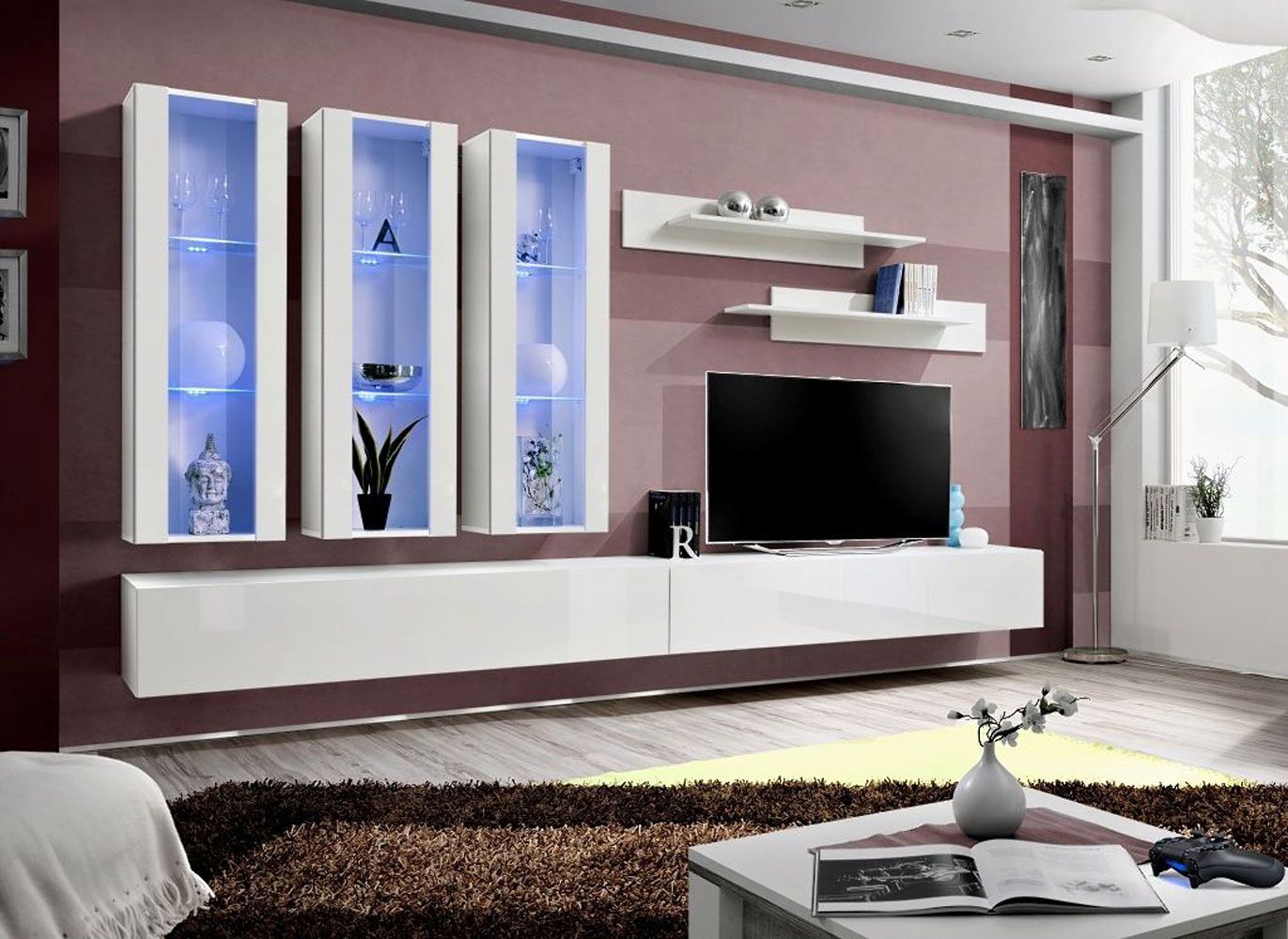 Hängende Wohnzimmerwand Hompland 50, Farbe: Weiß - Abmessungen: 170 x 320 x 40 cm (H x B x T), mit genügend Stauraum