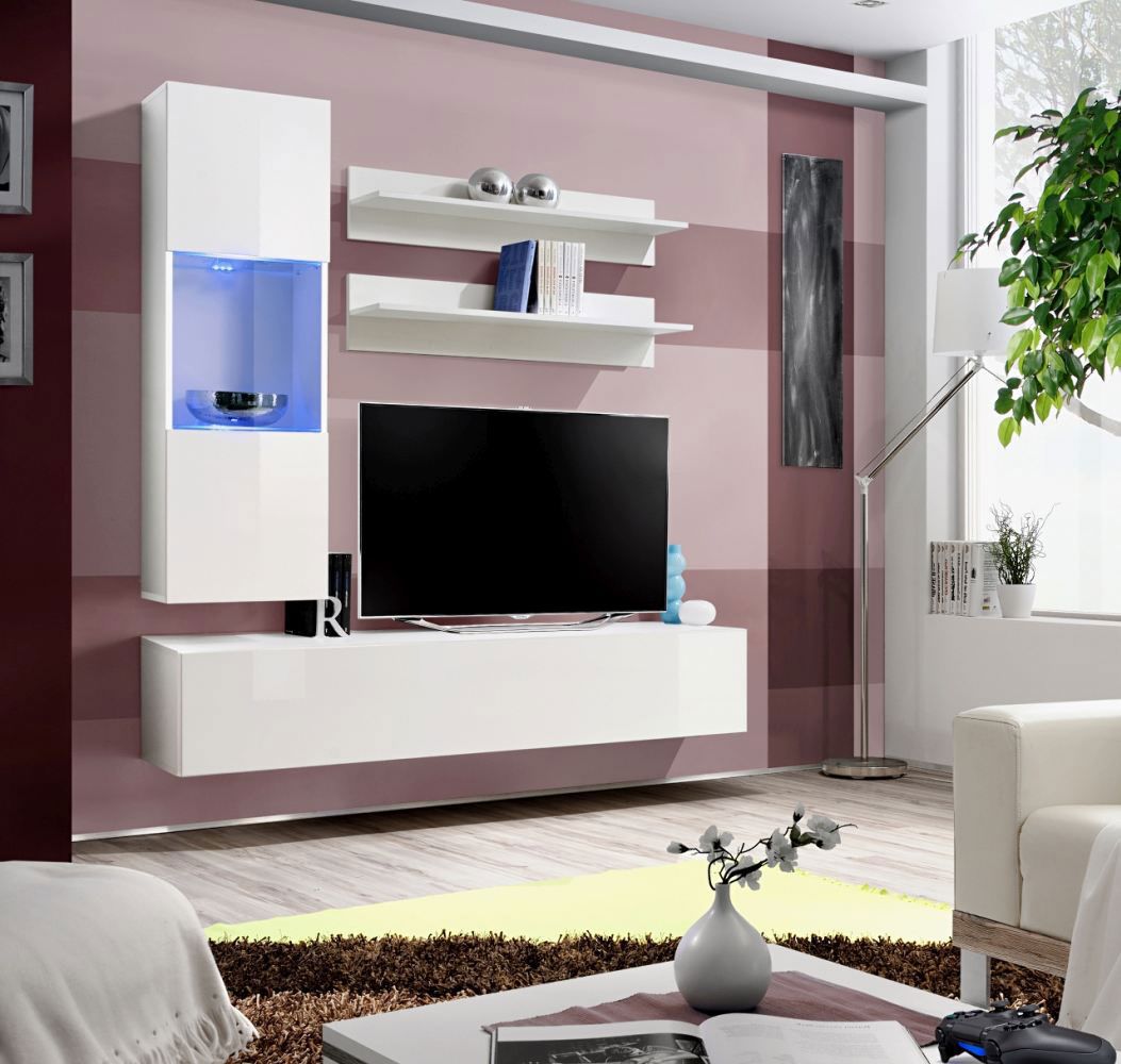 Wohnzimmer Wohnwand Hompland 82, Farbe: Weiß - Abmessungen: 170 x 160 x 40 cm (H x B x T), mit Push-to-open Funktion