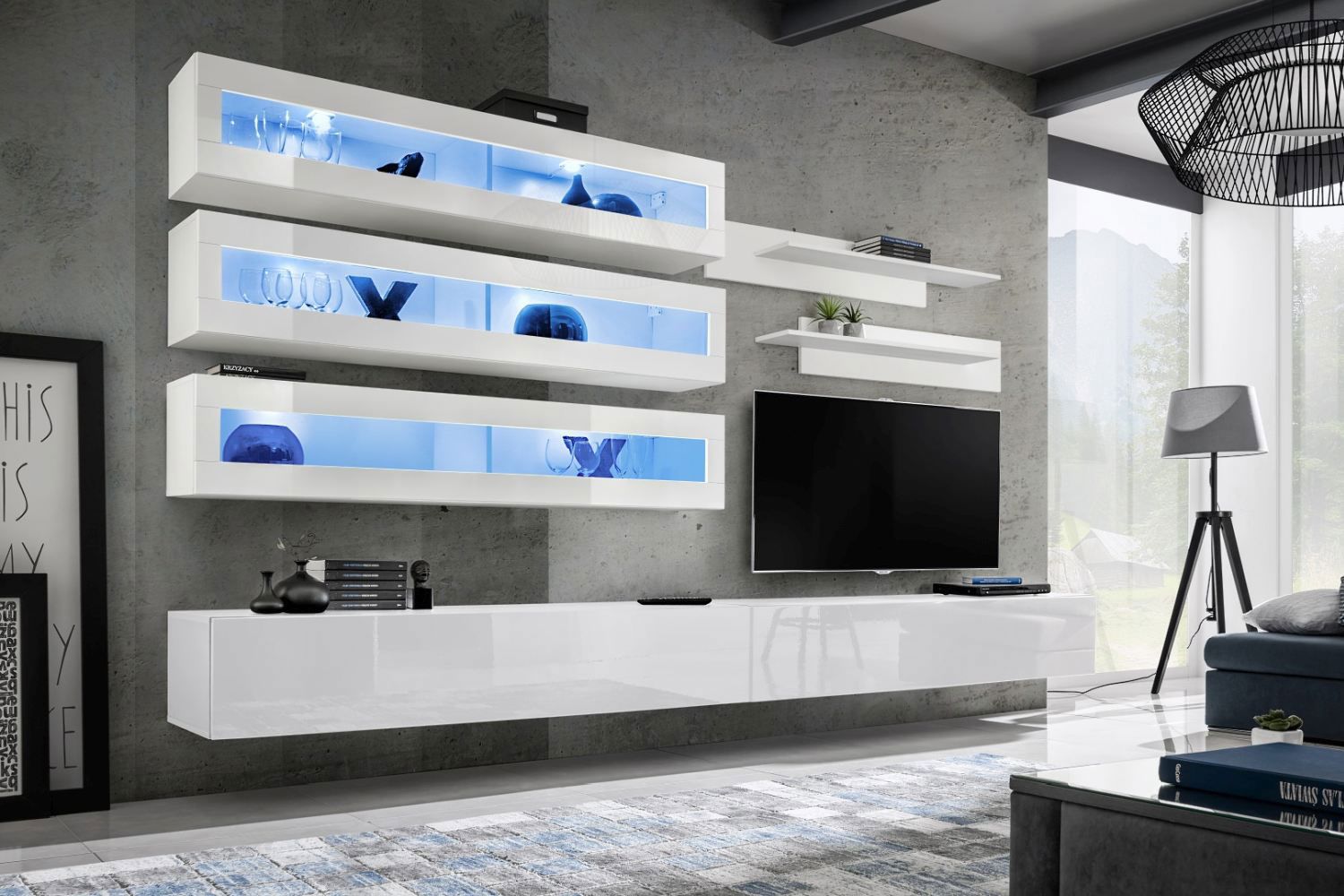 Wohnzimmer Wohnwand Hompland 101, Farbe: Weiß - Abmessungen: 180 x 320 x 40 cm (H x B x T), mit blauer LED-Beleuchtung