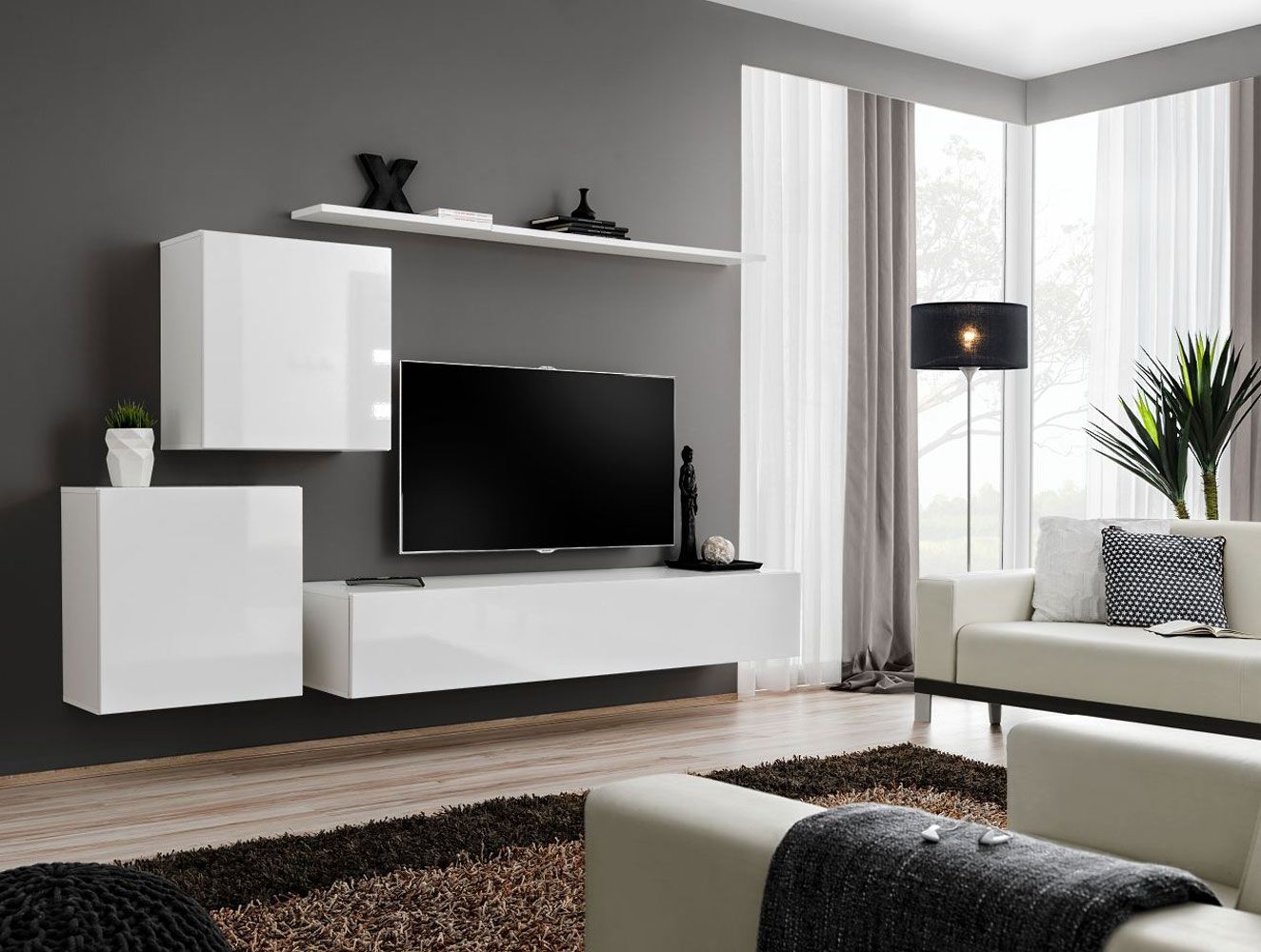 Wohnwand im modernen Design Balestrand 65, Farbe: Weiß - Abmessungen: 150 x 250 x 40 cm (H x B x T), mit Push-to-open Funktion