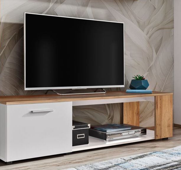 Moderner TV-Unterschrank Bjordal 06, Farbe: Weiß matt / Eiche Wotan - Abmessungen: 39 x 150 x 40 cm (H x B x T), mit genügend Stauraum