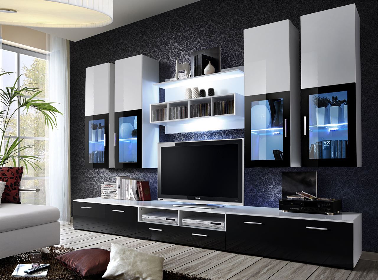 Wohnwand im stylischen Design Bjordal 56, Farbe: Weiß Hochglanz / Schwarz Hochglanz - Abmessungen: 190 x 300 x 45 cm (H x B x T), mit zwei Schubladen