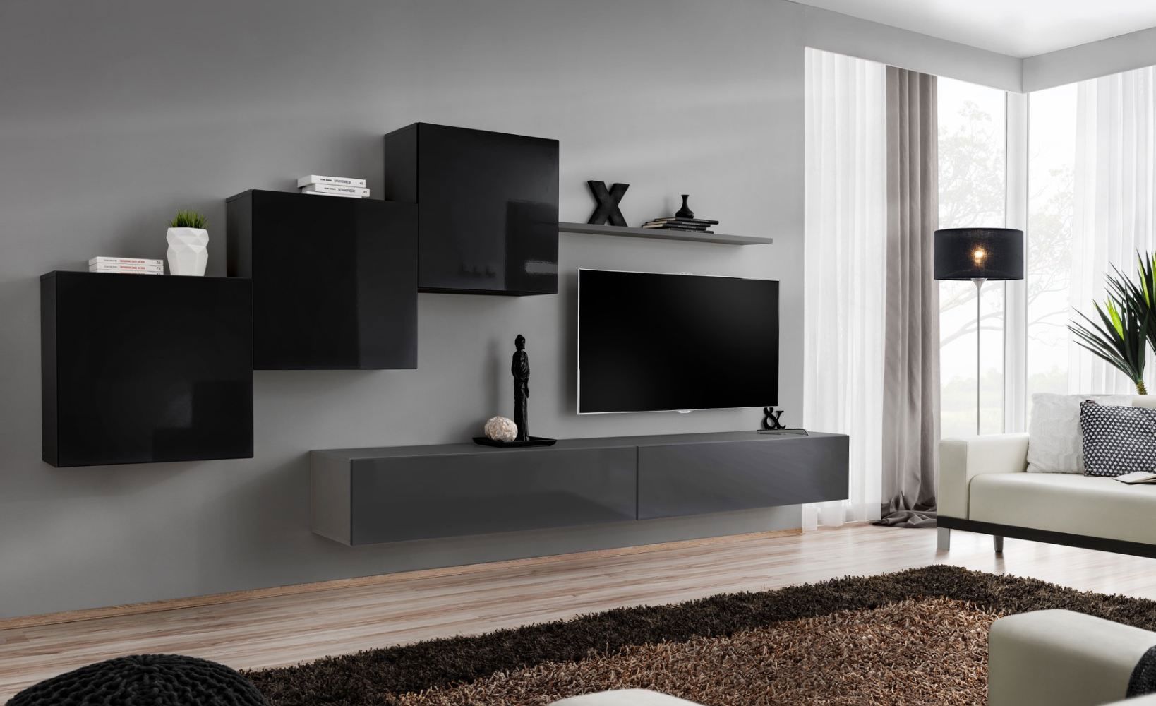 Stylische Wohnwand Balestrand 154, Farbe: Schwarz / Grau - Abmessungen: 150 x 330 x 40 cm (H x B x T), mit fünf Türen